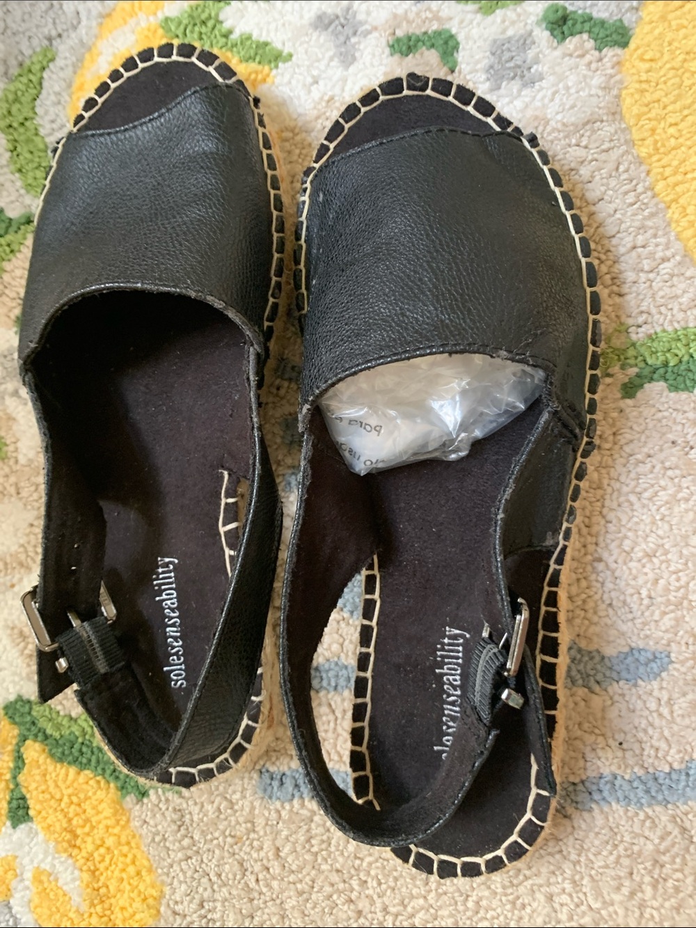 Womens Black Espadrille Slingback Flats with Stitched Jute Trim